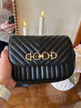 Aldo Black Quilted Crossbody Bag with Gold Chain Accent
